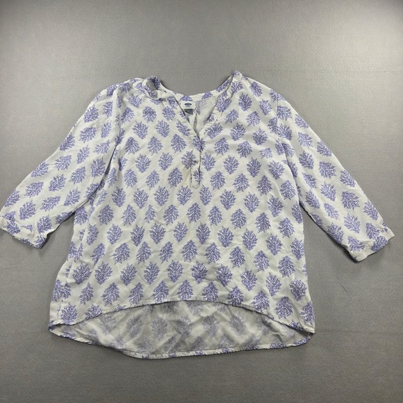 Old Navy Tops - Old Navy Women Large Purple White Floral Block Print Viscose High Low Blouse